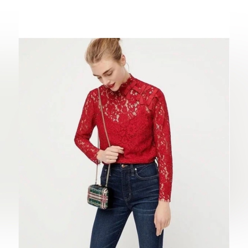 NWT J. Crew High Neck Red Lace Top with Bows Size 6